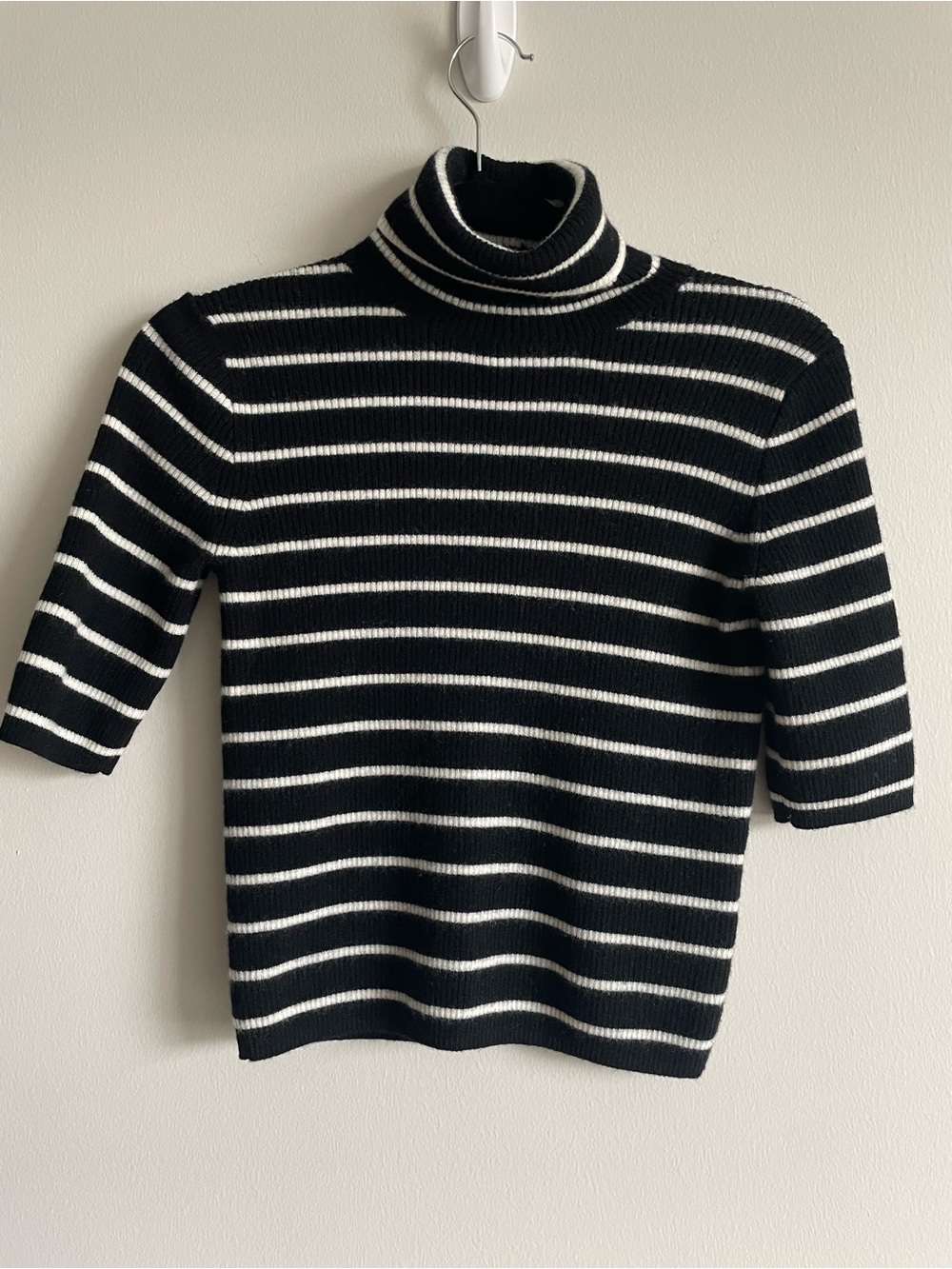 Madewell 100% Merino Wool Ribbed Turtle Neck Tee in black and cream stripes